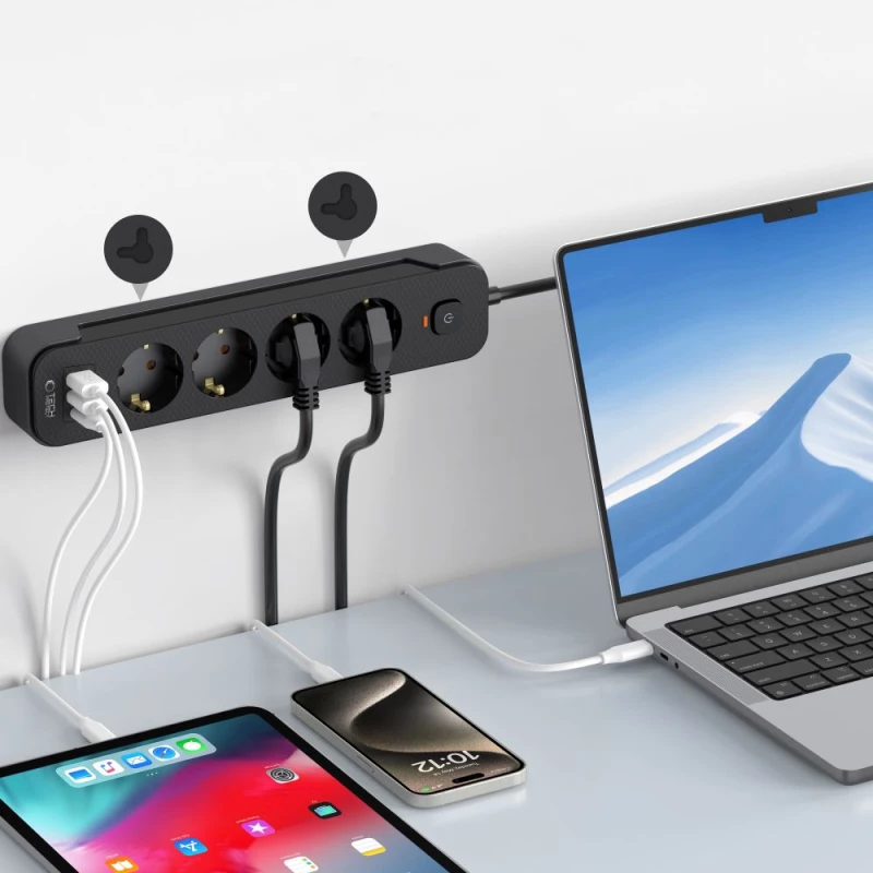 Tech-Protect Πολύπριζο με 2 x USB & 1 x Type-C & 4 x Πρίζες με Καλώδιο 2m Black