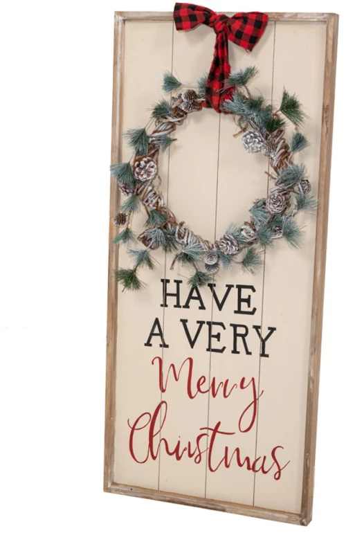 Χριστουγεννιάτικη ξύλινη διακοσμητική πινακίδα με στεφάνι και επιγραφή Have a very Merry Christmas 46x100 εκ
