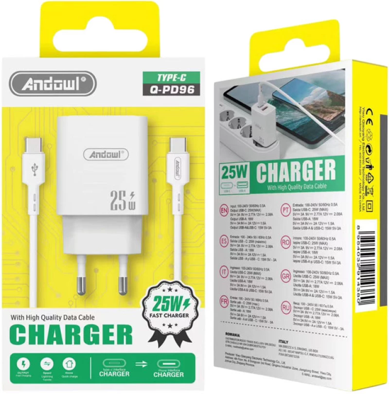 Andowl Φορτιστής με καλώδιο Type-C σε Type-C & USB-A 25W Q-PD96 - Charger