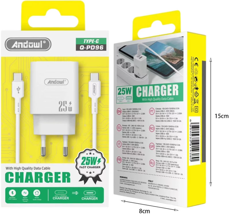 Andowl Φορτιστής με καλώδιο Type-C σε Type-C & USB-A 25W Q-PD96 - Charger
