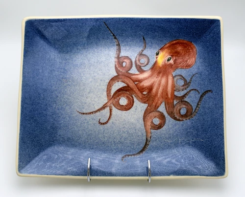 Πιάτο Παραλληλόγραμμο Κεραμικό Χειροποίητο Χταπόδι Μπλε - 26cm