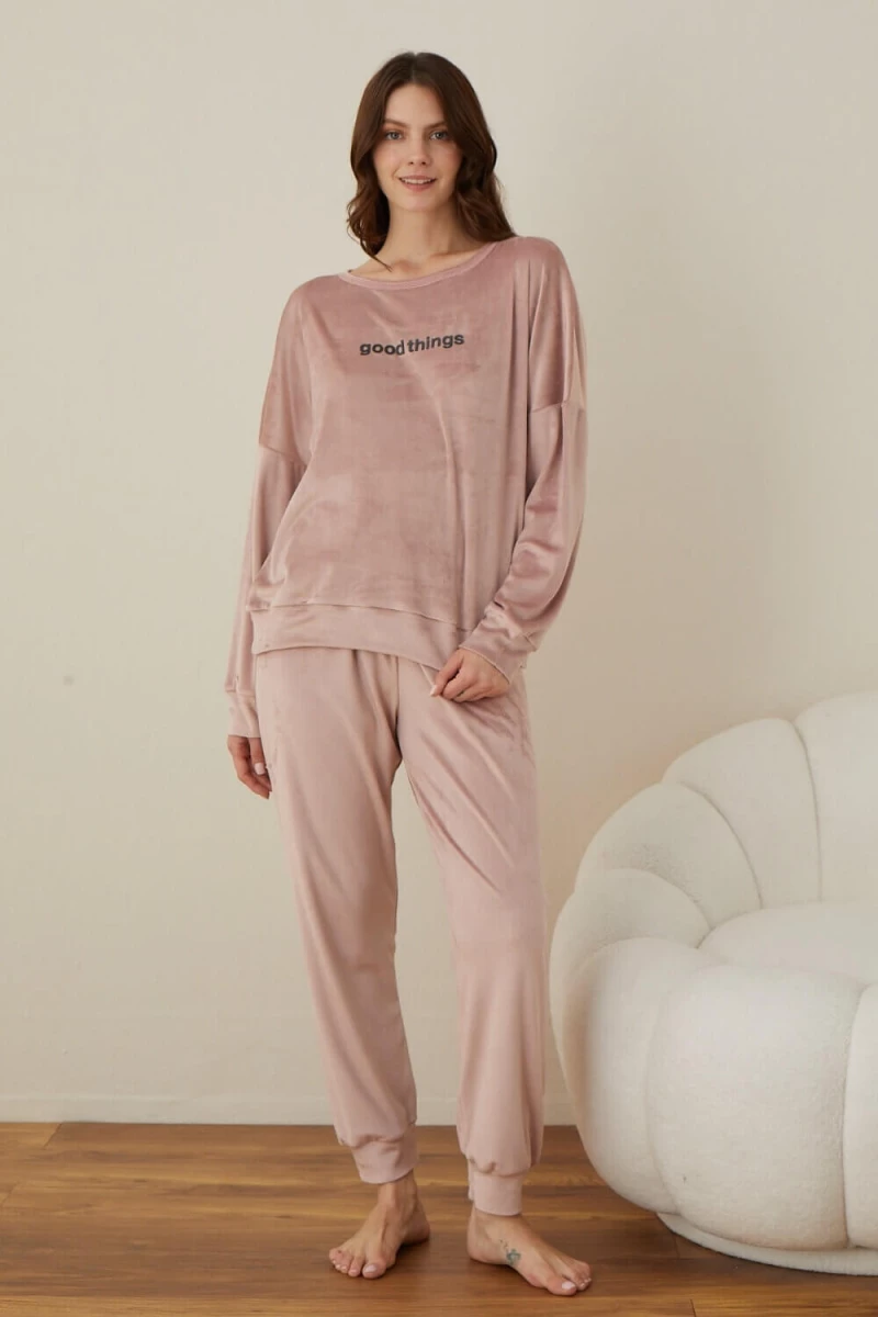 Πιτζάμα Γυναικεία Homewear Βελουτέ W03013 - ΡΟΖ ΠΟΥΔΡΑΣ