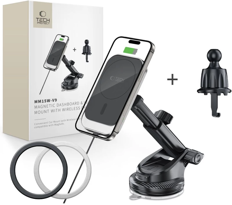 TECH-PROTECT MM15W-V9 MAGNETIC MAGSAFE DASHBOARD & VENT CAR MOUNT WIRELESS CHARGER 15W BLACK