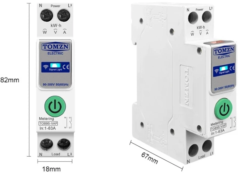 TOB9S-VAP, 63A 1P+N Tuya WiFi Smart Switch with Energy Meter and VA Protection
