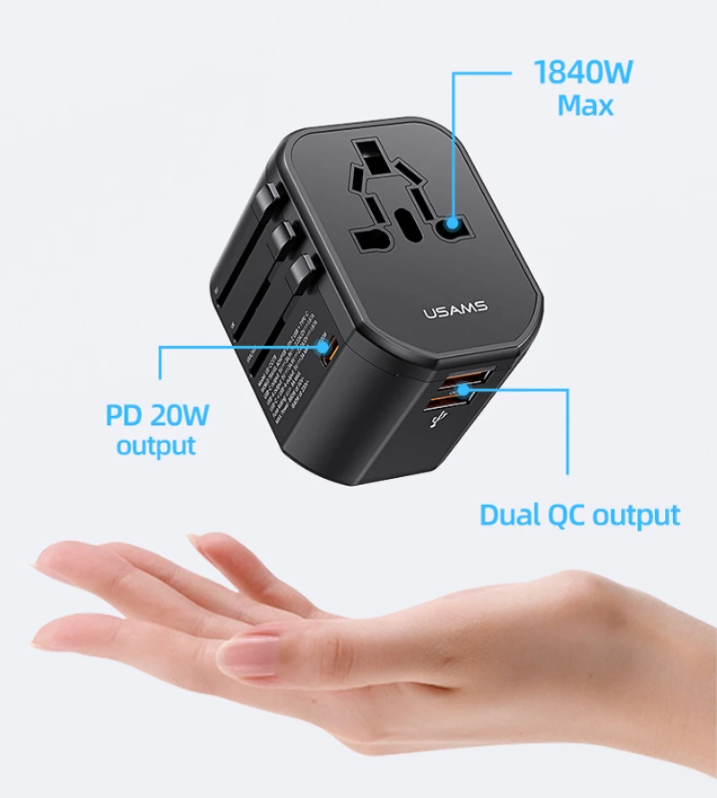USAMS φορτιστής/αντάπτορας πρίζας US-CC179, USB-C & 2x USB, universal, 20W, μαύρος
