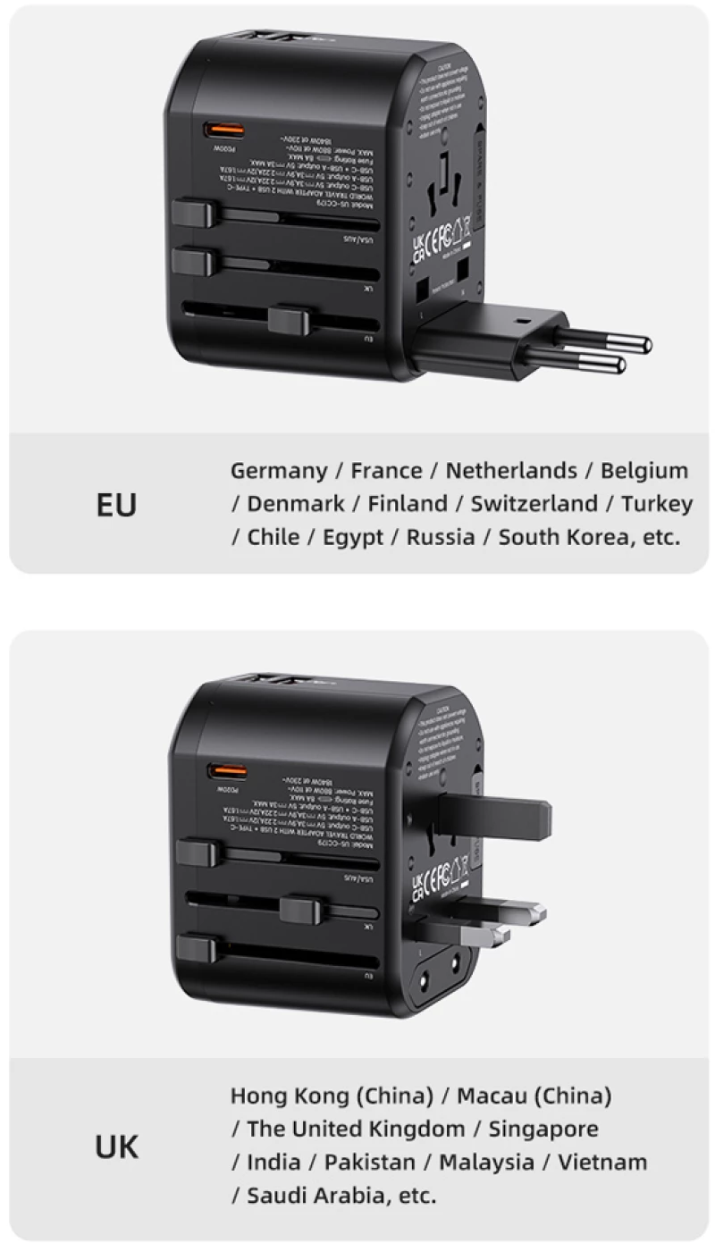 USAMS φορτιστής/αντάπτορας πρίζας US-CC179, USB-C & 2x USB, universal, 20W, μαύρος