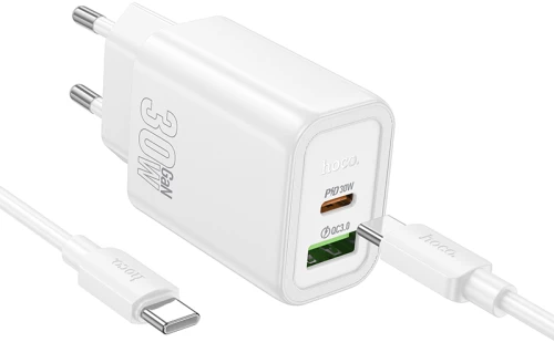 Φορτιστής Ταξιδίου Hoco N63 Gentle με USB-C και USB-A 30W 5V 3.0A + Καλώδιο Φόρτισης USB-C σε USB-C  Λευκός