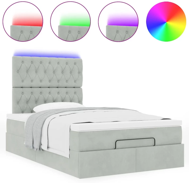 vidaXL Οθωμανικό κρεβάτι με στρώματα & LEDs Ανοιχτό γκρι Βελούδο