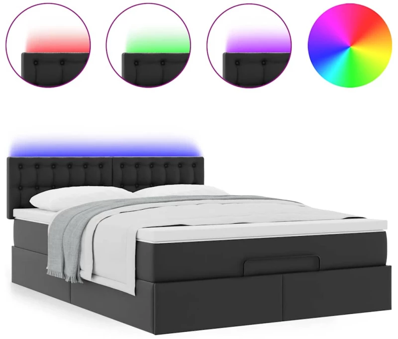 vidaXL Οθωμανικό κρεβάτι με στρώματα & LEDs Μαύρο Faux Leather