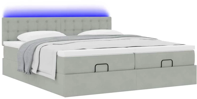 vidaXL Οθωμανικό κρεβάτι με στρώματα & LEDs Ανοιχτό γκρι Βελούδο