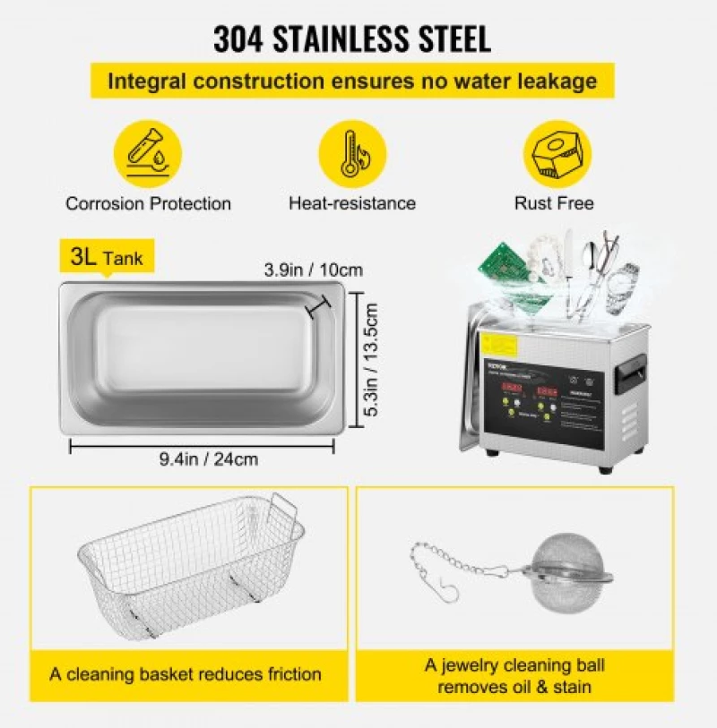 VEVOR 3L Digital Ultrasonic Cleaner Heater Timer Jewelry Eyeglasses Cleaning