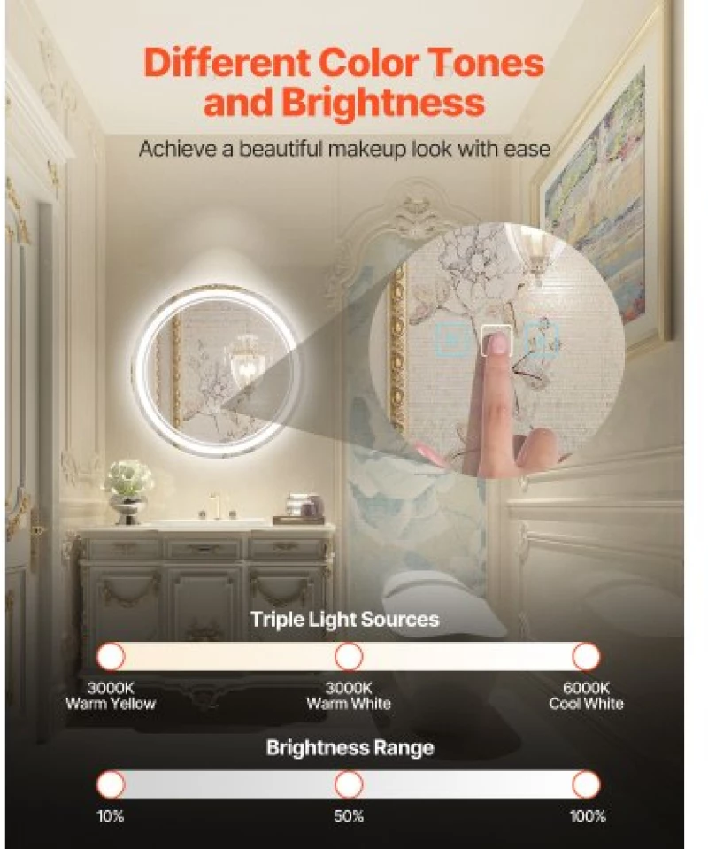 VEVOR LED Bathroom Mirror 3 Color Anti-fog Wall Mounted Round Vanity Mirror 60cm