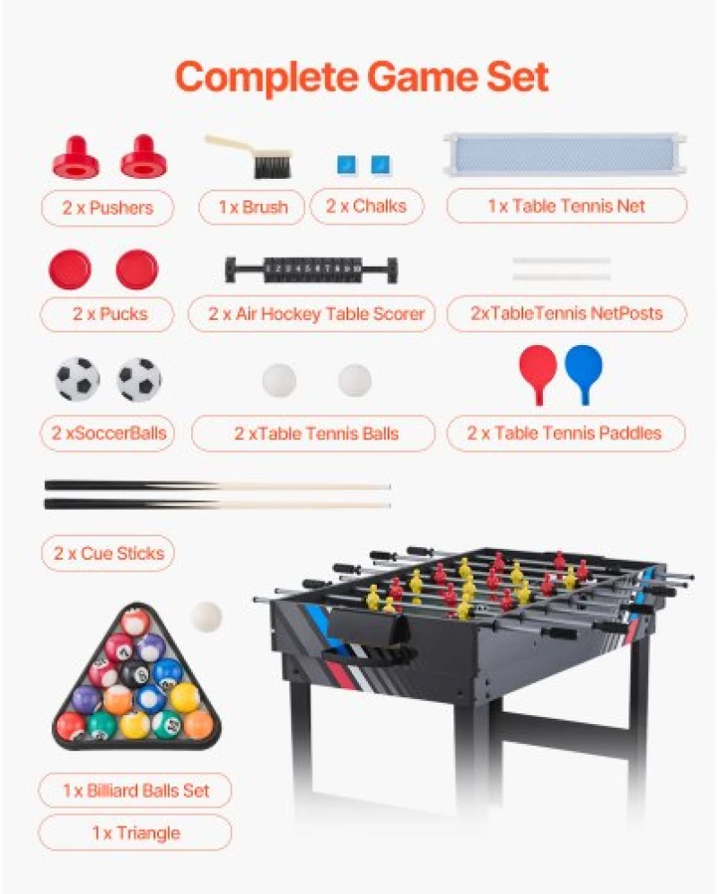 VEVOR 122cm Air Hockey Table 4-in-1 Combo Game Table Foosball Ping Pong Billiard