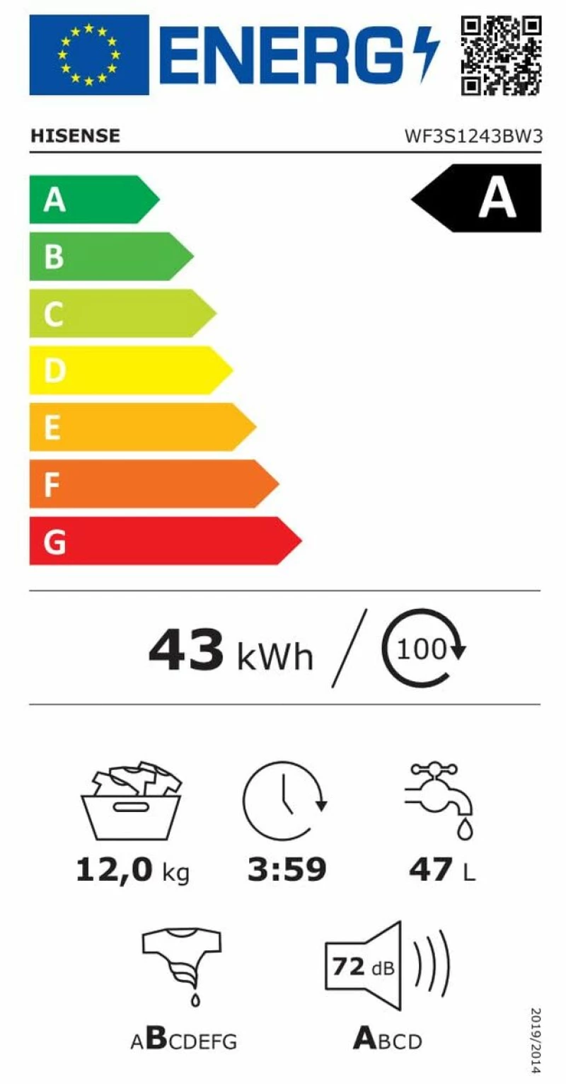 Πλυντήριο ρούχων Hisense WF3S1243BW3 60 cm 1400 rpm 12 kg