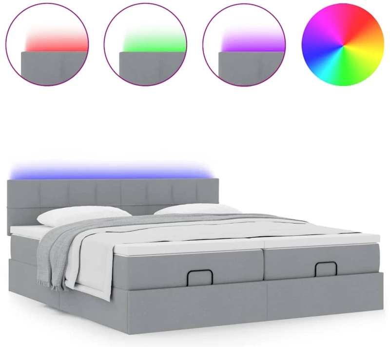 vidaXL Οθωμανικό κρεβάτι με στρώματα & LEDs Ανοιχτό γκρι ύφασμα