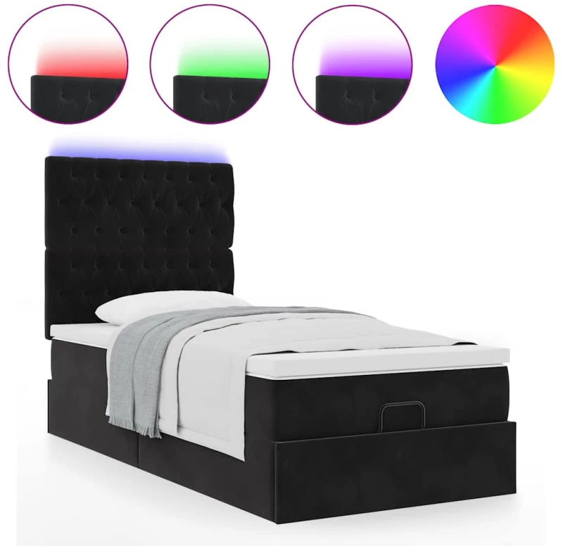 vidaXL Οθωμανικό κρεβάτι με στρώματα & LEDs Μαύρο 90x200cm Velvet
