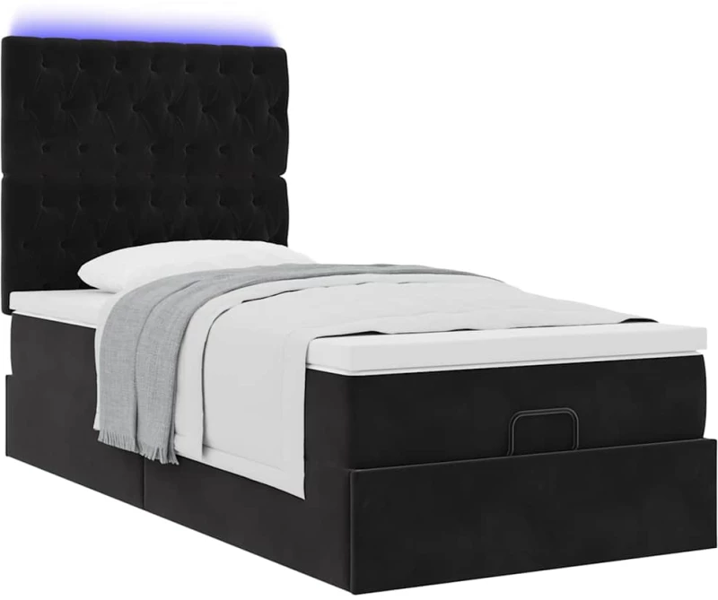 vidaXL Οθωμανικό κρεβάτι με στρώματα & LEDs Μαύρο 90x200cm Velvet