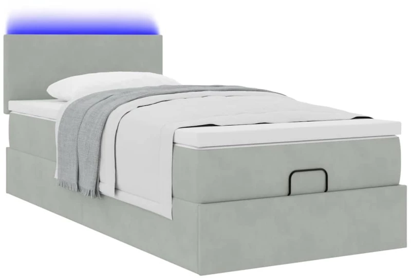 vidaXL Οθωμανικό κρεβάτι με στρώμα&LEDs Ανοιχτό γκρι 100x200cm Βελούδο
