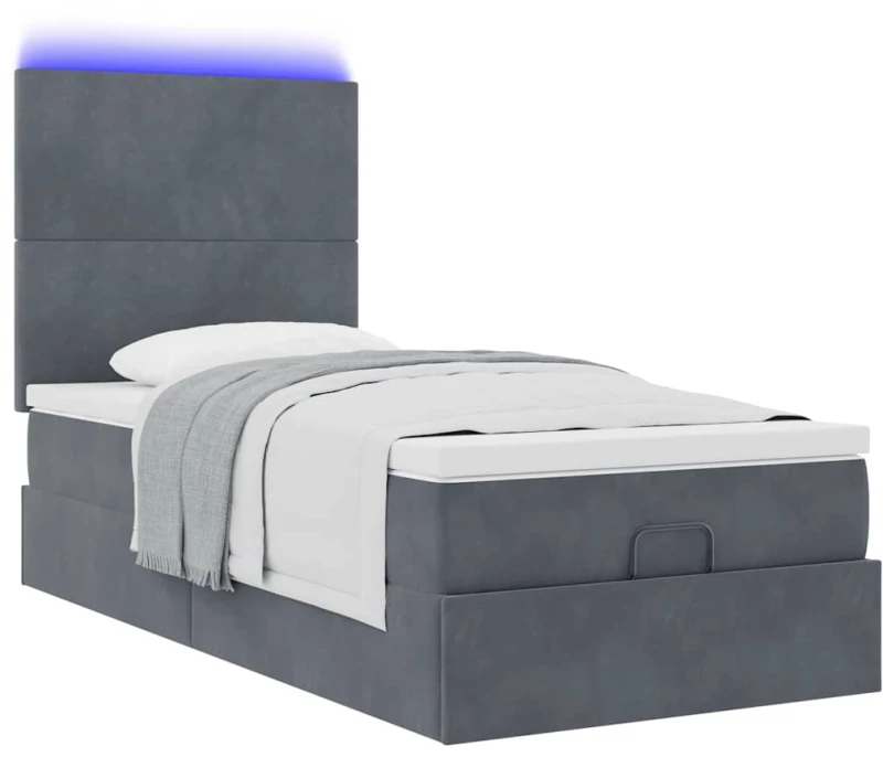 vidaXL Οθωμανικό κρεβάτι με στρώματα & LEDs Σκούρο γκρι Βελούδο
