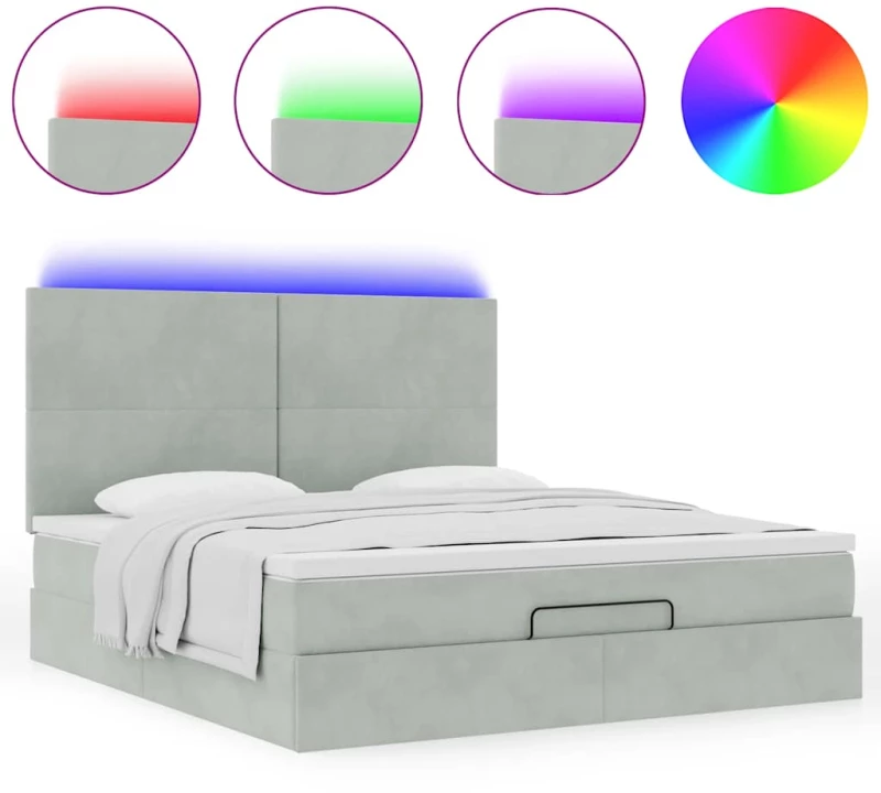 vidaXL Οθωμανικό κρεβάτι με στρώματα & LEDs Ανοιχτό γκρι Βελούδο