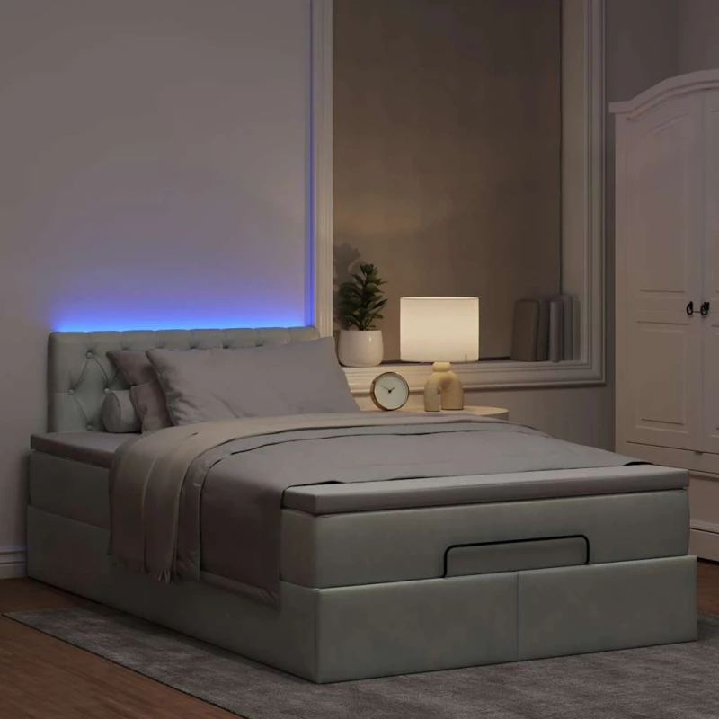 vidaXL Οθωμανικό κρεβάτι με στρώμα&LEDs Ανοιχτό γκρι 120x200cm Βελούδο
