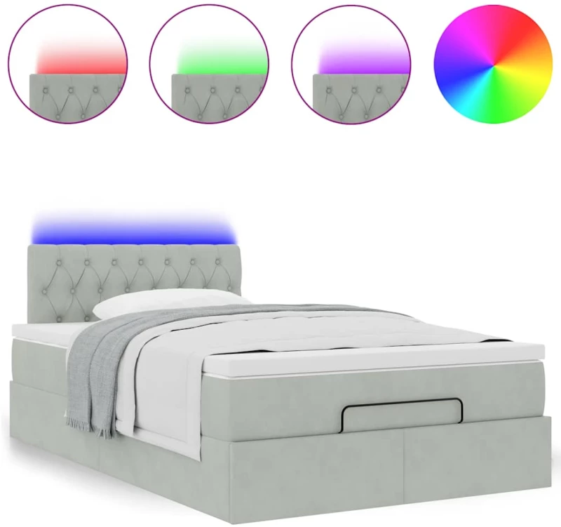 vidaXL Οθωμανικό κρεβάτι με στρώμα&LEDs Ανοιχτό γκρι 120x200cm Βελούδο
