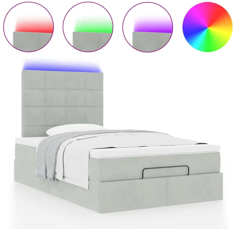 vidaXL Οθωμανικό κρεβάτι με στρώματα & LEDs Ανοιχτό γκρι Βελούδο