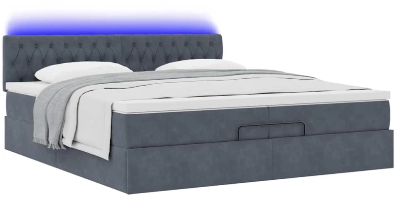 vidaXL Οθωμανικό κρεβάτι με στρώματα & LEDs Σκούρο γκρι Βελούδο