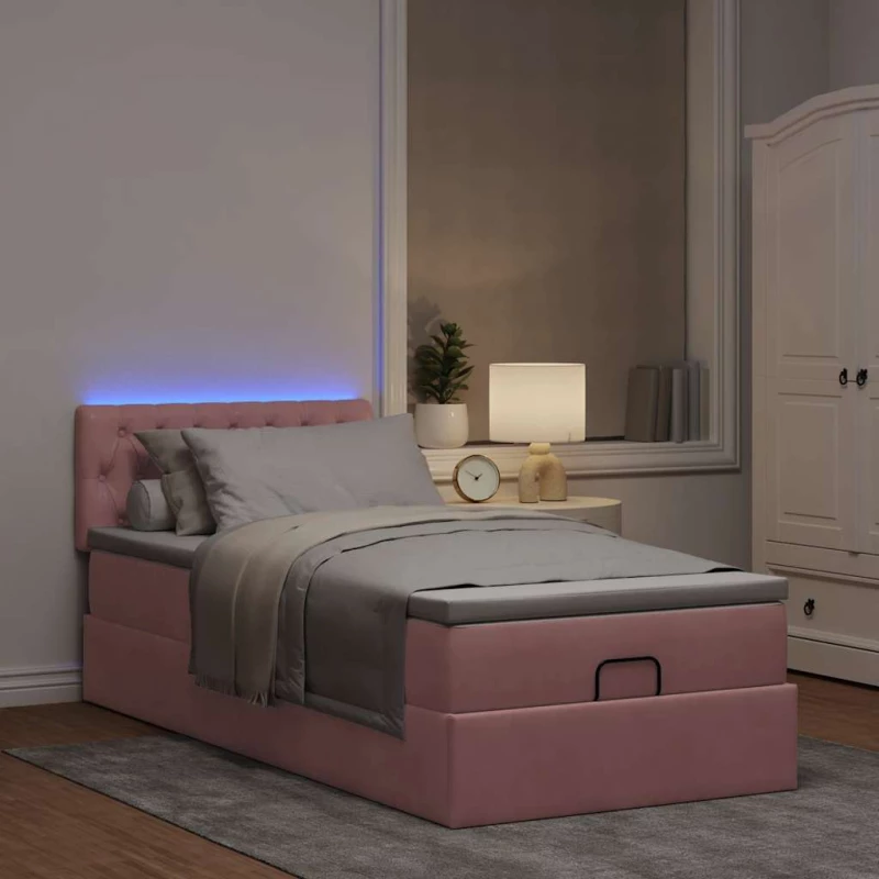 vidaXL Οθωμανικό κρεβάτι με στρώμα & LEDs Ροζ 90x200cm Velvet