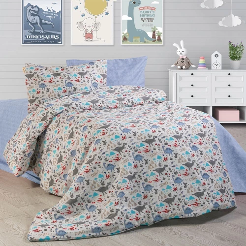 Σεντόνια Παιδικά (Σετ 3τμχ) Dino 309 White-Blue DimCol Μονό 160x240cm Βαμβάκι-Πολυέστερ