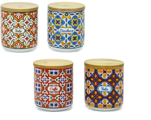 Δοχείο Καφέ/Ζάχαρης 60cl Με Κάλυμμα Μπαμπού Κεραμικό Φ10x12cm Σε 4 Σχέδια