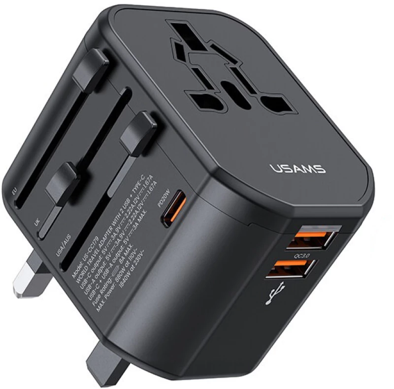 USAMS φορτιστής/αντάπτορας πρίζας US-CC179, USB-C & 2x USB, universal, 20W, μαύρος