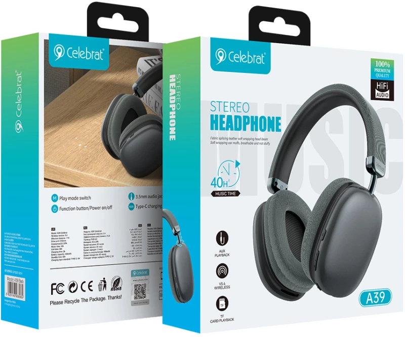 CELEBRAT headphones A39, ασύρματα & ενσύρματα, micro SD, 40mm, 400mAh, μαύρα