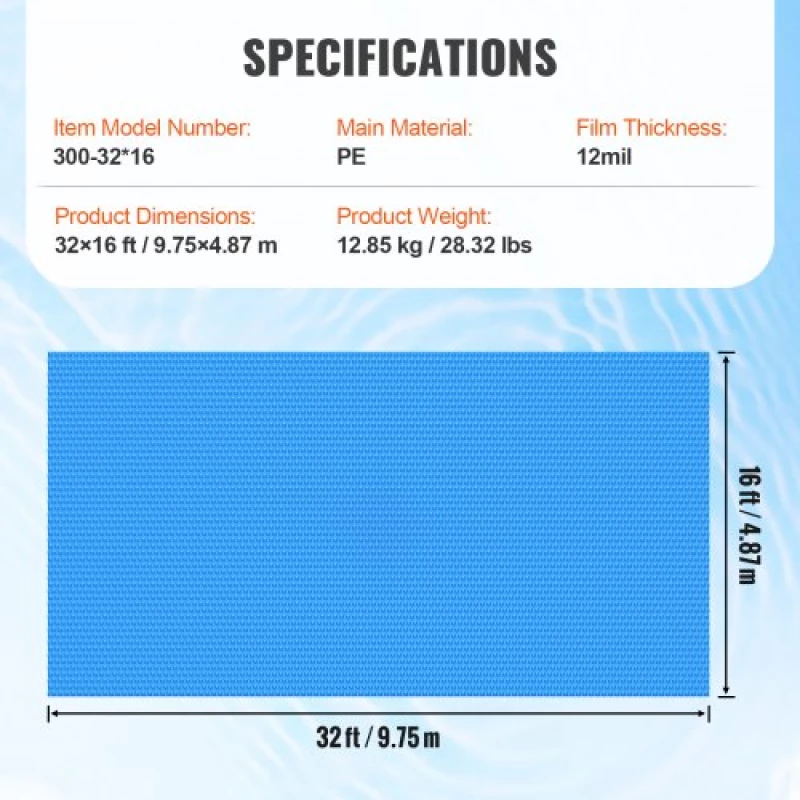 VEVOR Solar Pool Cover 36x16 ft Inground Above Ground Pools Solar Blanket 12 mil