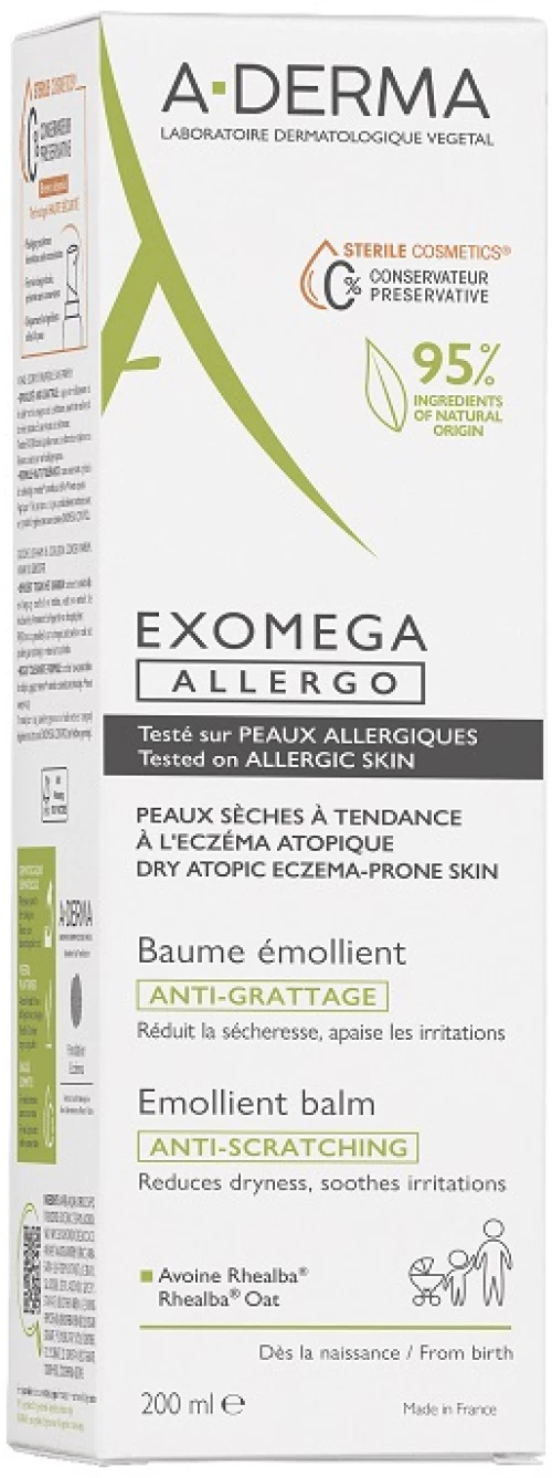 A-DERMA Exomega Allergo Emolient Balm, Αποστειρωμένο Μαλακτικό Βάλσαμο - 200ml