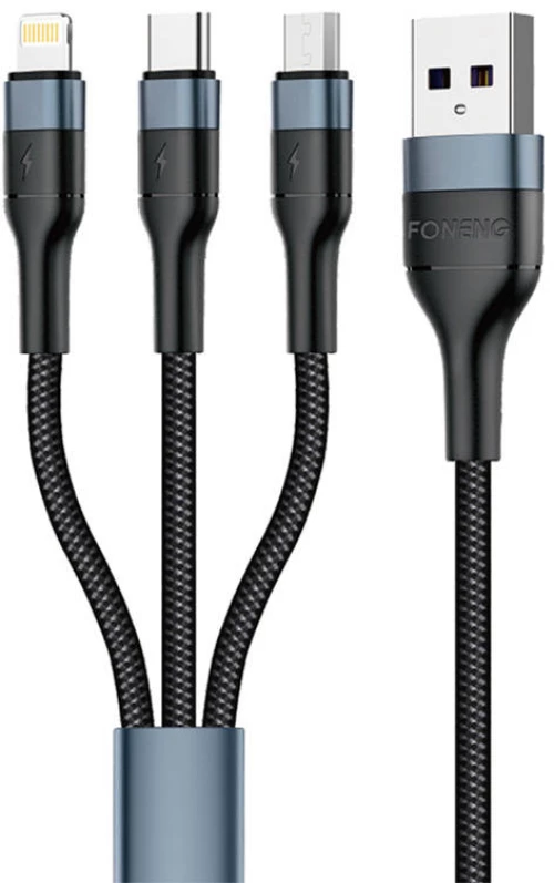 Foneng X51 3in1 USB to USB-C / Micro USB / Lightning Cable, 3A, 1,2m (Black)