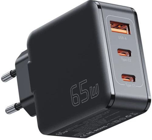 Wall charger, Essager, ECT2CA-JZB01-Z, GaN, USB-A, 2xUSB-C, 65W (black)