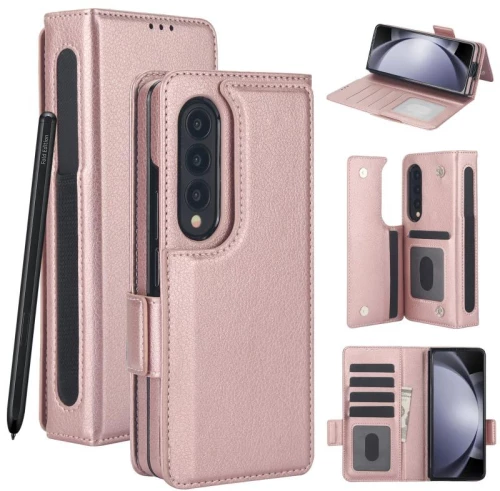 Για το Samsung Galaxy Z Fold4 Αμιγές χρώμα Πολυλειτουργική αναδιπλούμενη δερμάτινη θήκη τηλεφώνου με υποδοχή για στυλό (ροζ χρυσό)