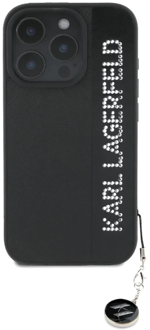Karl Lagerfeld iPhone 16 Pro Max Back cover case - Saffiano rhinestones and charm - Black - (KLHCP16XPSAKDGCK)