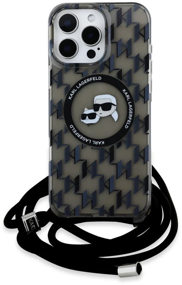 Karl Lagerfeld iPhone 16 Pro Back cover case - Magsafe IML KC heads - cord - Black (KLHMP16LHCKCKLCK)
