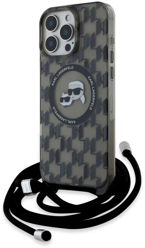 Karl Lagerfeld iPhone 16 Pro Back cover case - Magsafe IML KC heads - cord - Black (KLHMP16LHCKCKLCK)