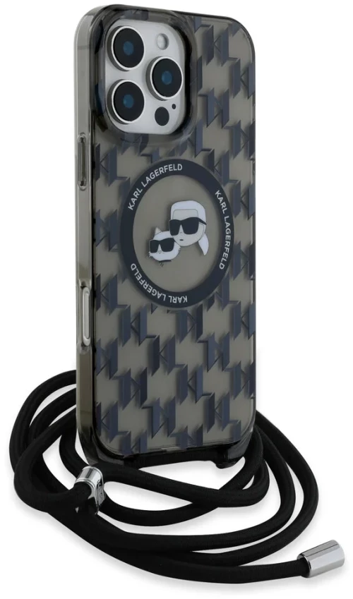 Karl Lagerfeld iPhone 16 Pro Back cover case - Magsafe IML KC heads - cord - Black (KLHMP16LHCKCKLCK)