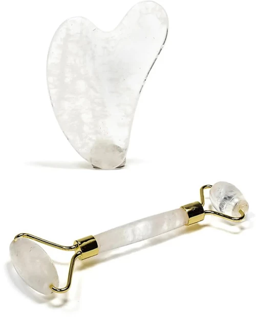 Set για Μασάζ Προσώπου Gua Sha Πέτρα Λευκού Χαλαζία + Ρολό Anti-Aging Roller Rock Crystal