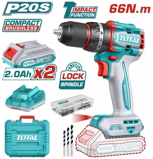 TOTAL Δραπανοκατσάβιδο κρουστικό μπαταρίας Li-ion 20V / 2Ah / 66Nm / 2 μπαταρίες BL MOTOR (TIDLI20668E)