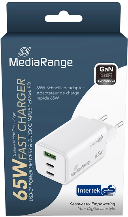 Mediarange 65w gan Fast Charging Adapter (eu-Plug), 2x usb-c and 1x usb-a, usb-c® Power Delivery and Quick Charge Enabled, White (Mrma116-2