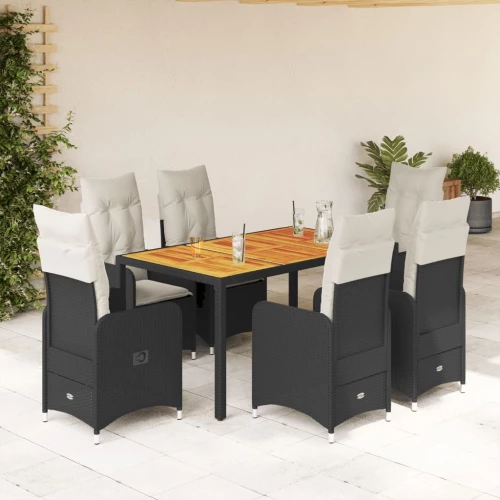 vidaXL Σετ Επίπλων Bistro Κήπου 7 τεμ Μαύρο Συνθετ. Ρατάν με Μαξιλάρια
