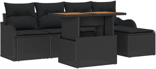vidaXL Σετ Καναπέ 6 Τεμαχίων με Μαξιλάρια σε Μαύρο Πολυ Ρατάν και Ακακία, vidaXL Καναπές Κήπου 2 Θέσεων με Μαξιλάρια σε Μαύρο Πολυ Ρατάν