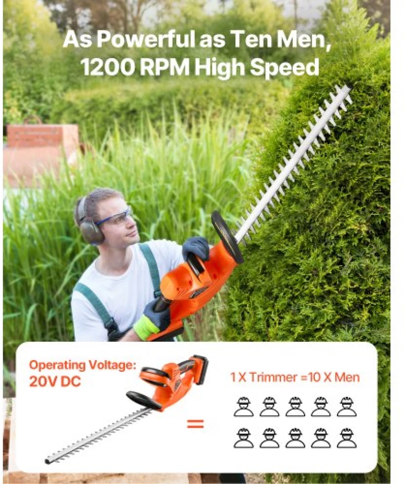 VEVOR Cordless Electric Hedge Trimmer 20V 2A Battery 20in Dual-Action Blade