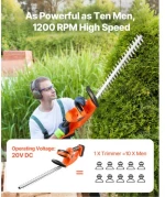 VEVOR Cordless Electric Hedge Trimmer 20V 2A Battery 20in Dual-Action Blade
