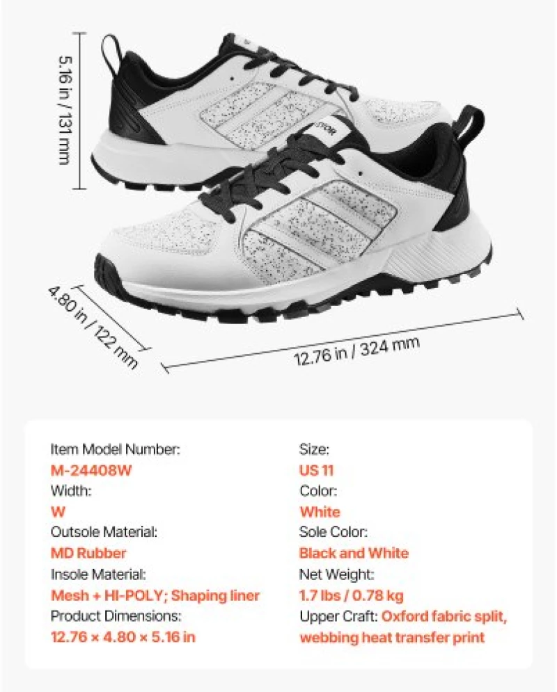 VEVOR Cross Training Shoes W Width Sneakers UK Size 10 Wide Toe Box Shoes White